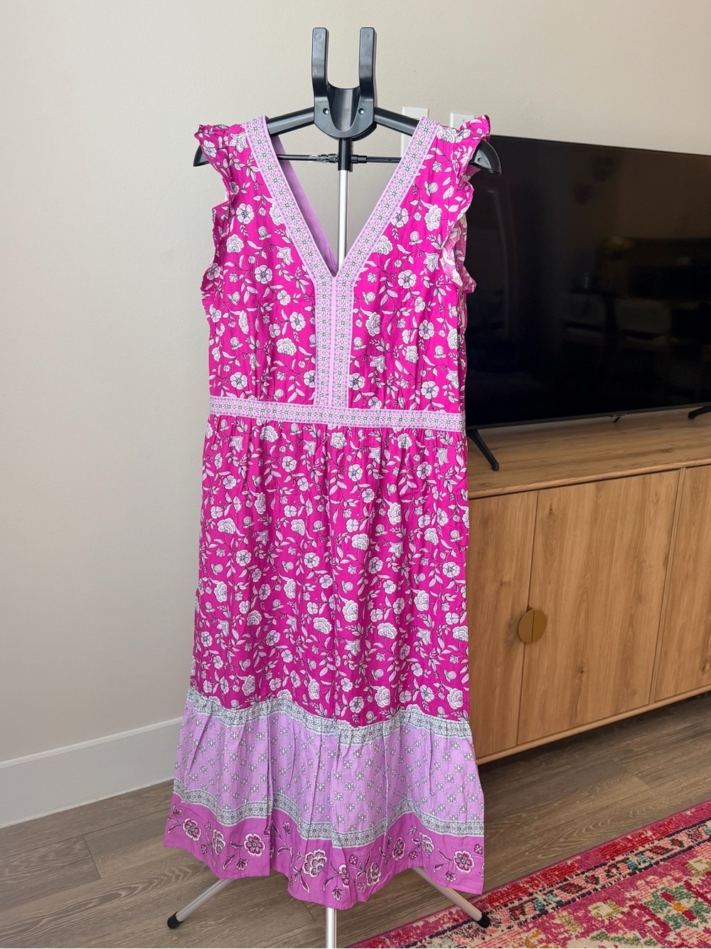 LOFT Hot Pink Floral Midi Dress with Pale Pink Hem